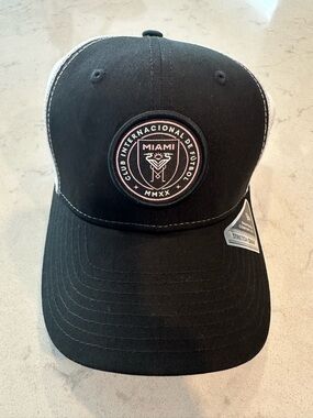 New InterMiami MLS New Era Black Youth Trucker Cap with Pink Logo Detail